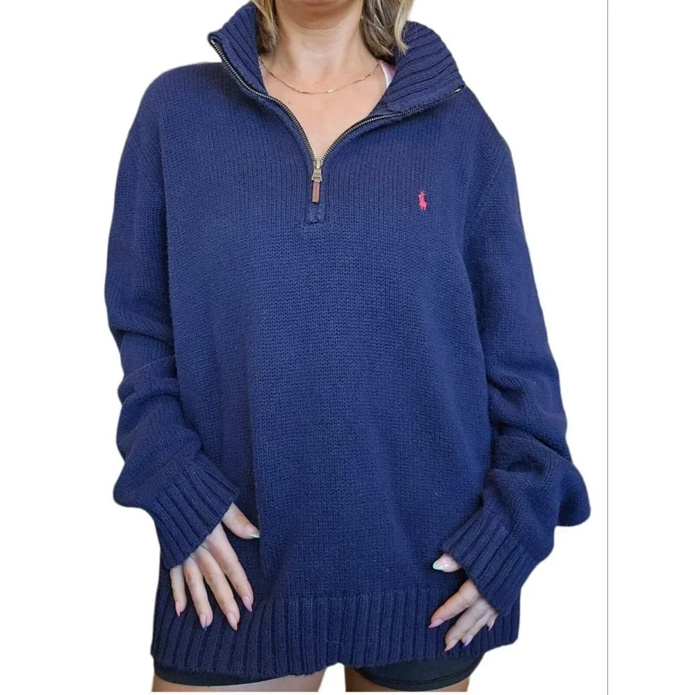 90s‎ Polo Ralph Lauren XL Navy Blue Knit Quarter Zip Pullover Cotton